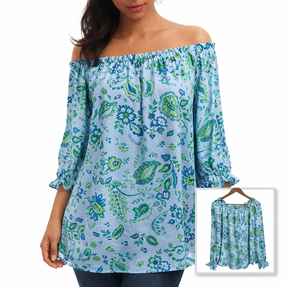 Talbots Off Shoulder Tunic Floral Flowy Bell Sleeve Bohoβ Top Blue L